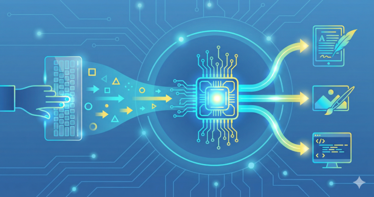 رسم توضيحي بأسلوب إنفوجرافيك يمثل دليلاً عملياً للدخول إلى عالم الذكاء الاصطناعي، يظهر تدفق البيانات من المستخدم البشري عبر هندسة الأوامر (Prompt Engineering) وصولاً إلى مخرجات الذكاء الاصطناعي المتنوعة.